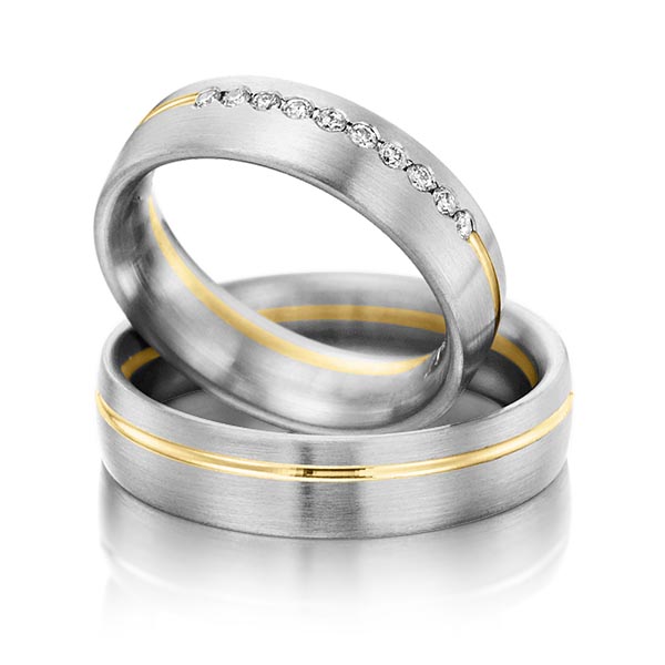Set Bicolor trouwringen in grijsgoud 14 kt. geelgoud 14 kt. met in totaal 0,15 ct. Briljant tw/si van Steinberg - Q-1202-4 Set Bicolor trouwringen in grijsgoud 14 kt. geelgoud 14 kt. met in totaal 0,15 ct. Briljant tw/si van Steinberg - Q-1202-4