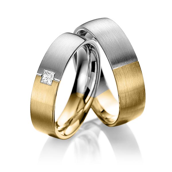 Set Bicolor trouwringen in grijsgoud 14 kt. geelgoud 14 kt. met in totaal 0,1 ct. Princess-Diamant tw,vs van Eternal Touch