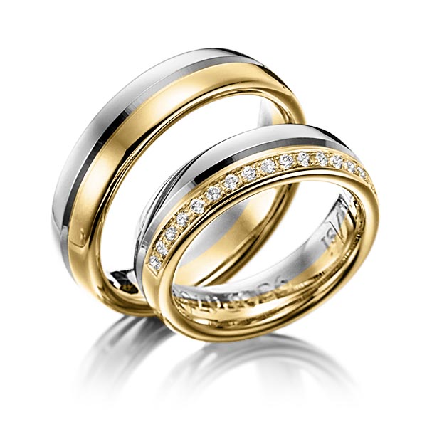 Set Bicolor trouwringen in grijsgoud 14 kt. geelgoud 14 kt. met in totaal 0,225 ct. Briljant tw/si van Steinberg