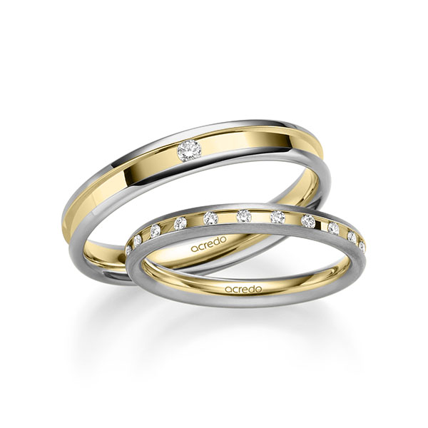 Set Bicolor trouwringen in grijsgoud 14 kt. geelgoud 14 kt. met in totaal 0,26 ct. Briljant tw/si van acredo - A-2232-3 Set Bicolor trouwringen in grijsgoud 14 kt. geelgoud 14 kt. met in totaal 0,26 ct. Briljant tw/si van acredo - A-2232-3