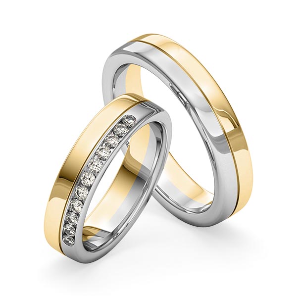 Set Bicolor trouwringen in grijsgoud 14 kt. geelgoud 14 kt. met in totaal 0,275 ct. Briljant tw/si van Merii