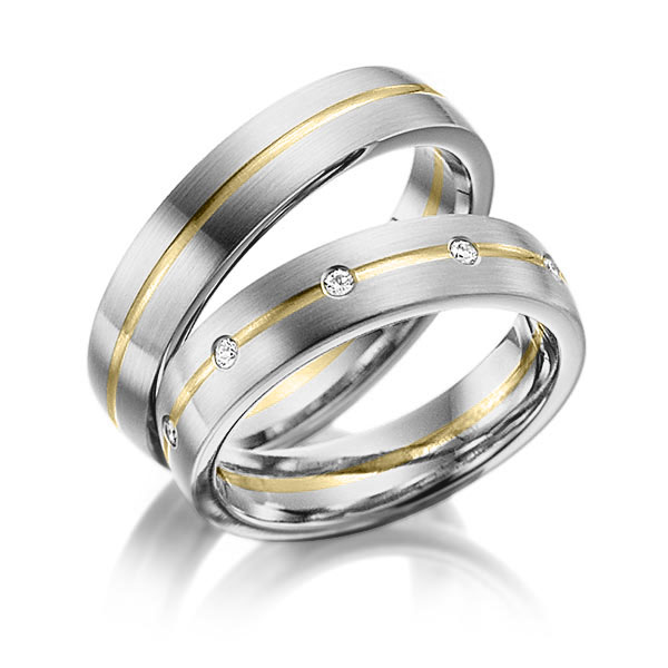 Set Bicolor trouwringen in grijsgoud 14 kt. geelgoud 14 kt. met in totaal 0,2 ct. Briljant tw/si van Merii
