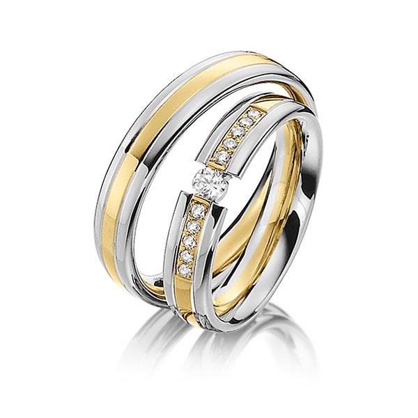 Set Bicolor trouwringen in grijsgoud 14 kt. geelgoud 14 kt. met in totaal 0,2 ct. Briljant tw/si van Steinberg