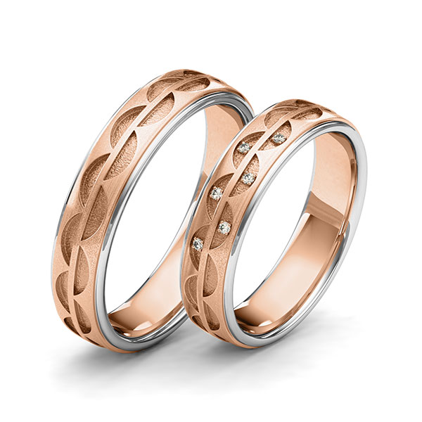 Set Bicolor trouwringen in grijsgoud 14 kt. roodgoud 14 kt. Laser Structuur met in totaal 0,03 ct. Briljant tw/si van Eternal Touch
