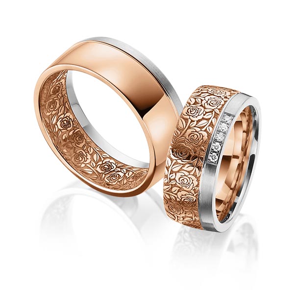 Set Bicolor trouwringen in grijsgoud 14 kt. roodgoud 14 kt. Laser Structuur met in totaal 0,05 ct. Briljant tw/si van Eternal Touch