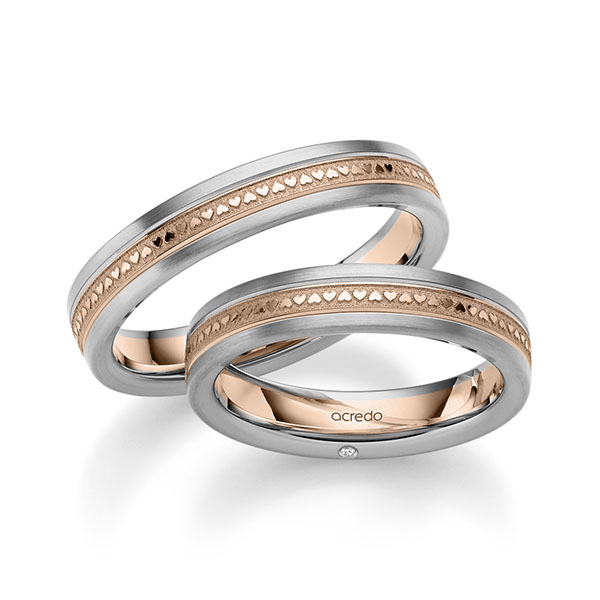 Set Bicolor trouwringen in grijsgoud 14 kt. roodgoud 14 kt. met in totaal 0,01 ct. Briljant tw/si van acredo