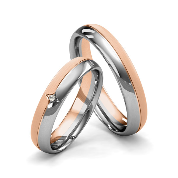 Set Bicolor trouwringen in grijsgoud 14 kt. roodgoud 14 kt. met in totaal 0,01 ct. Briljant tw/si van Merii