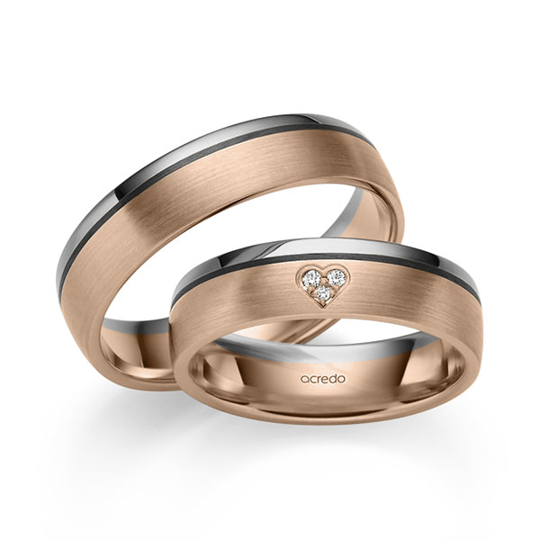 Set Bicolor trouwringen in grijsgoud 14 kt. roodgoud 14 kt. met in totaal 0,021 ct. Briljant tw/si van acredo