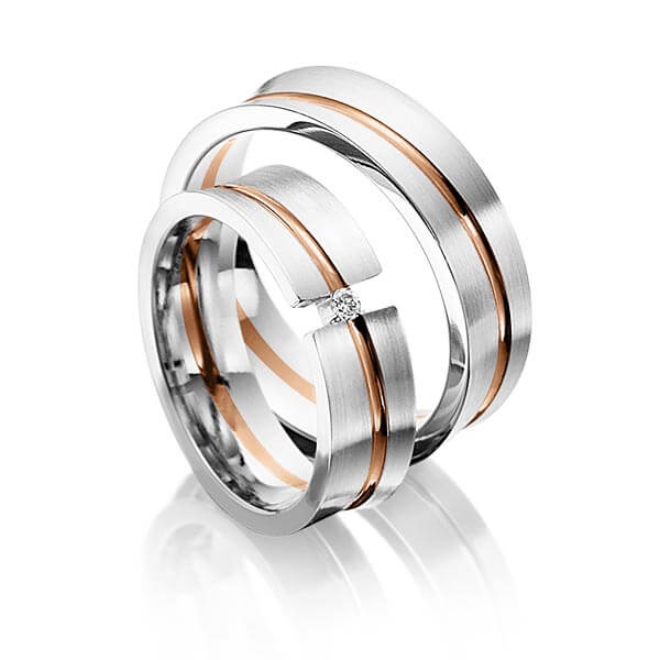 Set Bicolor trouwringen in grijsgoud 14 kt. roodgoud 14 kt. met in totaal 0,025 ct. Briljant tw/si van Eternal Touch