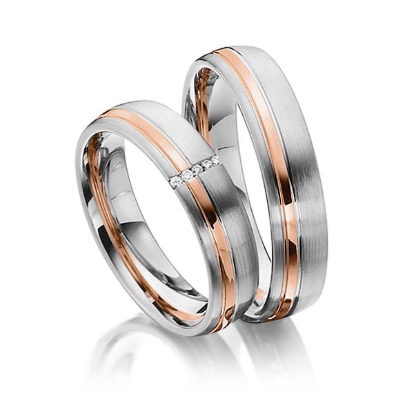 Set Bicolor trouwringen in grijsgoud 14 kt. roodgoud 14 kt. met in totaal 0,025 ct. Briljant tw/si van Steinberg