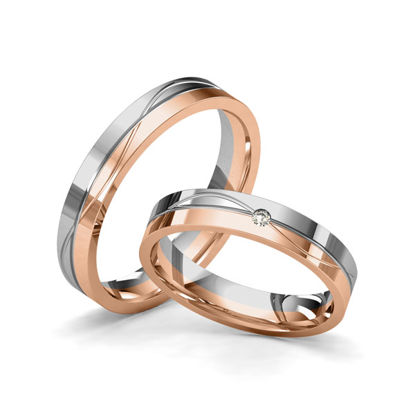 Set Bicolor trouwringen in grijsgoud 14 kt. roodgoud 14 kt. met in totaal 0,02 ct. Briljant tw/si van Merii