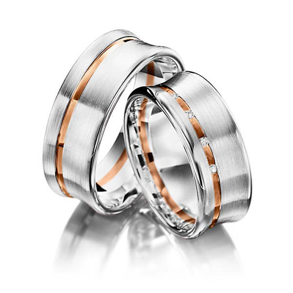 Set Bicolor trouwringen in grijsgoud 14 kt. roodgoud 14 kt. met in totaal 0,032 ct. Briljant tw/si van Merii