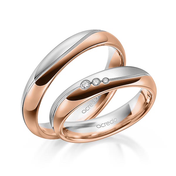 Set Bicolor trouwringen in grijsgoud 14 kt. roodgoud 14 kt. met in totaal 0,035 ct. Briljant tw/si van acredo - A-1699-11 Set Bicolor trouwringen in grijsgoud 14 kt. roodgoud 14 kt. met in totaal 0,035 ct. Briljant tw/si van acredo - A-1699-11