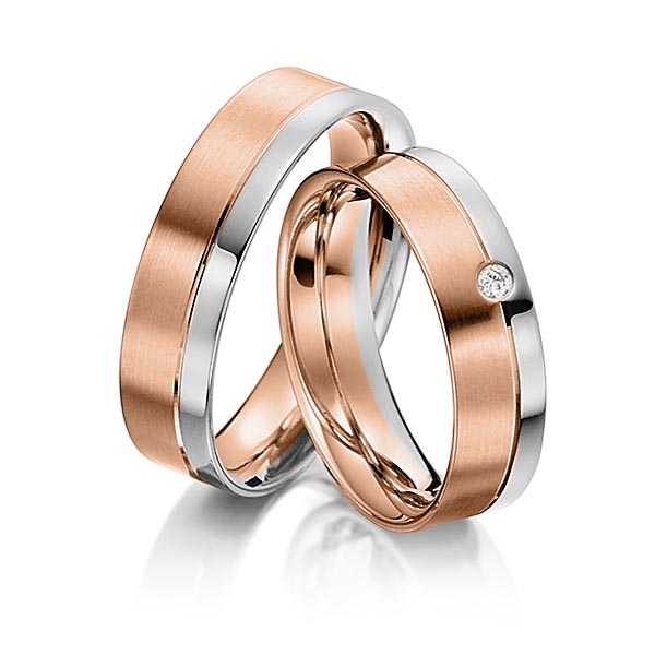 Set Bicolor trouwringen in grijsgoud 14 kt. roodgoud 14 kt. met in totaal 0,03 ct. Briljant tw/si van acredo - S-1110-10