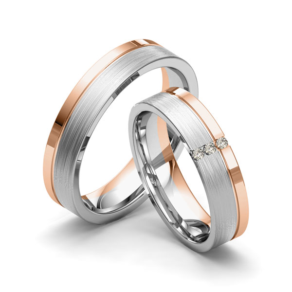 Set Bicolor trouwringen in grijsgoud 14 kt. roodgoud 14 kt. met in totaal 0,03 ct. Briljant tw/si van Merii - M-1166-11