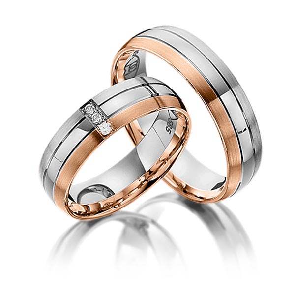 Set Bicolor trouwringen in grijsgoud 14 kt. roodgoud 14 kt. met in totaal 0,03 ct. Briljant tw/si van Steinberg - Q-1051-4