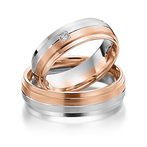 Set Bicolor trouwringen in grijsgoud 14 kt. roodgoud 14 kt. met in totaal 0,03 ct. Briljant tw/si van Steinberg