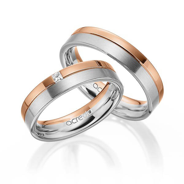 Set Bicolor trouwringen in grijsgoud 14 kt. roodgoud 14 kt. met in totaal 0,03 ct. Princess-Diamant tw/si van acredo