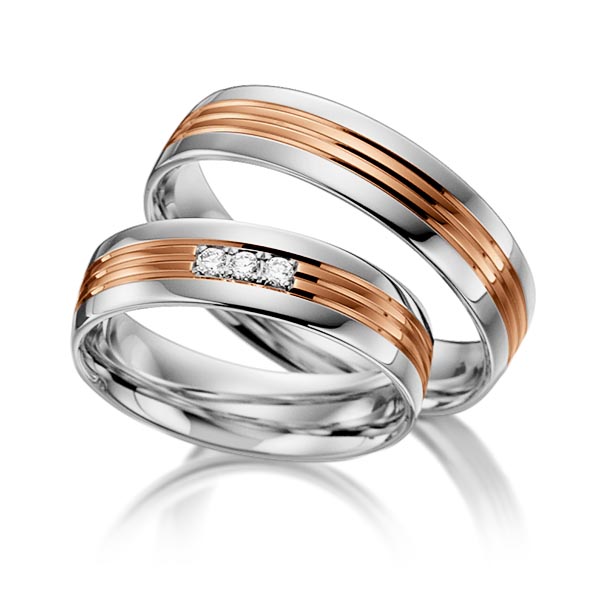 Set Bicolor trouwringen in grijsgoud 14 kt. roodgoud 14 kt. met in totaal 0,045 ct. Briljant tw/si van acredo - S-1100-12