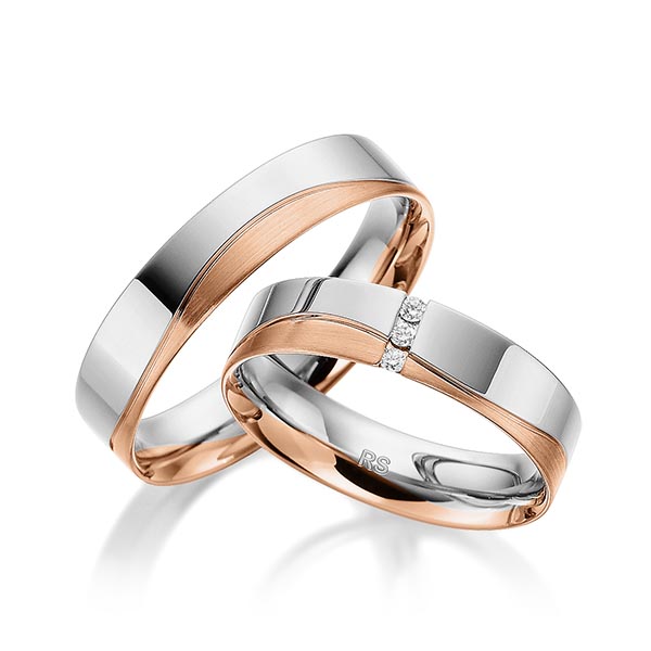 Set Bicolor trouwringen in grijsgoud 14 kt. roodgoud 14 kt. met in totaal 0,045 ct. Briljant tw/si van acredo