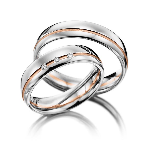 Set Bicolor trouwringen in grijsgoud 14 kt. roodgoud 14 kt. met in totaal 0,045 ct. Briljant tw/si van Steinberg