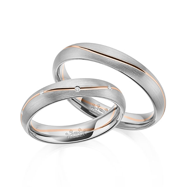 Set Bicolor trouwringen in grijsgoud 14 kt. roodgoud 14 kt. met in totaal 0,045 ct. Briljant tw/si van Steinberg