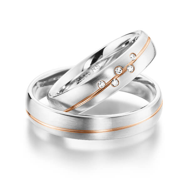 Set Bicolor trouwringen in grijsgoud 14 kt. roodgoud 14 kt. met in totaal 0,04 ct. Briljant tw/si van acredo - S-1143-10