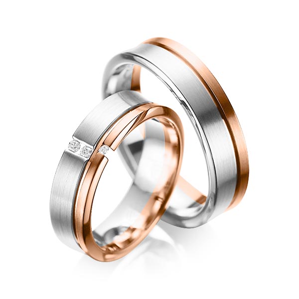 Set Bicolor trouwringen in grijsgoud 14 kt. roodgoud 14 kt. met in totaal 0,05 ct. Briljant tw/si van acredo - A-1088-12