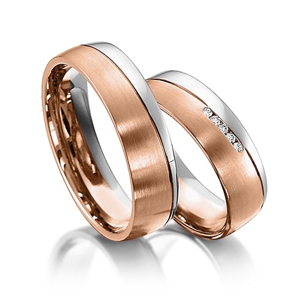 Set Bicolor trouwringen in grijsgoud 14 kt. roodgoud 14 kt. met in totaal 0,05 ct. Briljant tw/si van acredo - S-1153-10