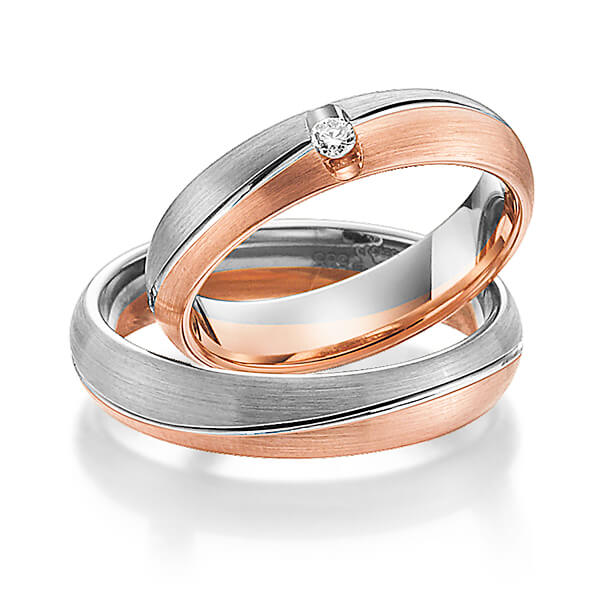 Set Bicolor trouwringen in grijsgoud 14 kt. roodgoud 14 kt. met in totaal 0,05 ct. Briljant tw/si van Steinberg