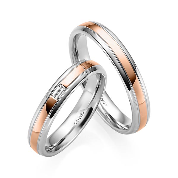 Set Bicolor trouwringen in grijsgoud 14 kt. roodgoud 14 kt. met in totaal 0,06 ct. Baguette-Diamant tw,vs van acredo