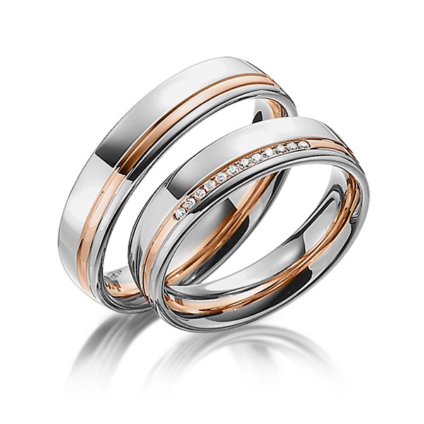 Set Bicolor trouwringen in grijsgoud 14 kt. roodgoud 14 kt. met in totaal 0,06 ct. Briljant tw/si van Steinberg