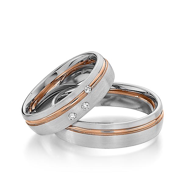 Set Bicolor trouwringen in grijsgoud 14 kt. roodgoud 14 kt. met in totaal 0,06 ct. Briljant tw/si van Steinberg