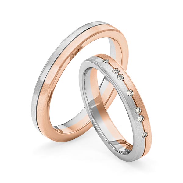 Set Bicolor trouwringen in grijsgoud 14 kt. roodgoud 14 kt. met in totaal 0,07 ct. Briljant tw,vs van Merii - M-1267-11