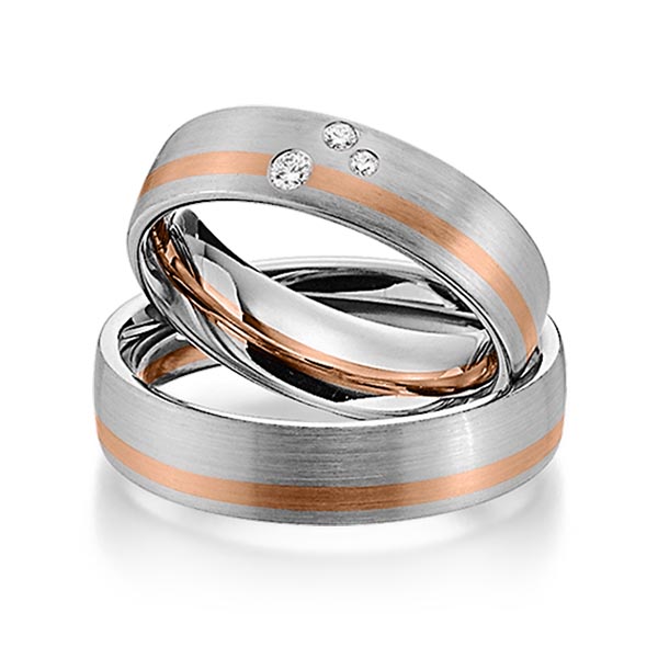 Set Bicolor trouwringen in grijsgoud 14 kt. roodgoud 14 kt. met in totaal 0,07 ct. Briljant tw/si van Steinberg