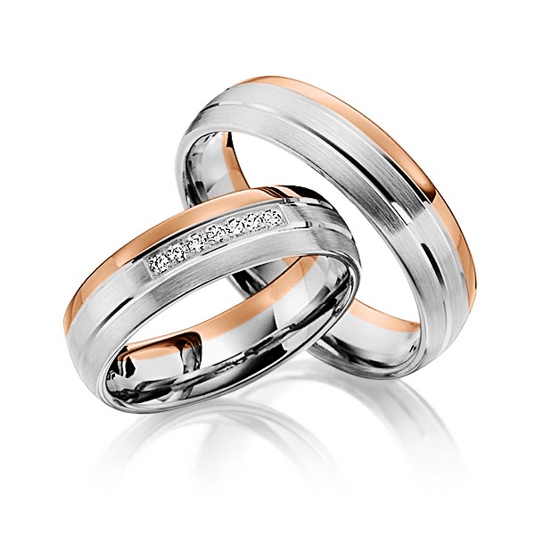 Set Bicolor trouwringen in grijsgoud 14 kt. roodgoud 14 kt. met in totaal 0,07 ct. Briljant tw/si van Steinberg
