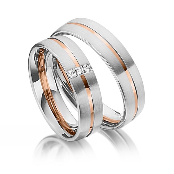 Set Bicolor trouwringen in grijsgoud 14 kt. roodgoud 14 kt. met in totaal 0,09 ct. Princess-Diamant tw/si van Steinberg
