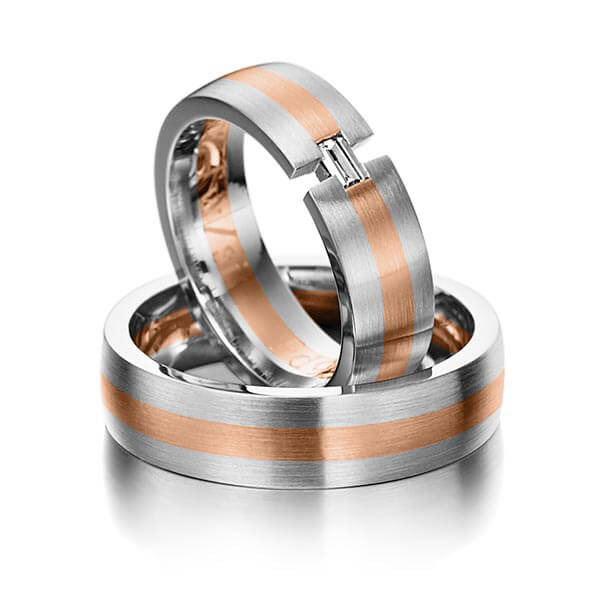 Set Bicolor trouwringen in grijsgoud 14 kt. roodgoud 14 kt. met in totaal 0,12 ct. Baguette-Diamant tw,vs van Eternal Touch - Y-1150-13 Set Bicolor trouwringen in grijsgoud 14 kt. roodgoud 14 kt. met in totaal 0,12 ct. Baguette-Diamant tw,vs van Eternal Touch - Y-1150-13