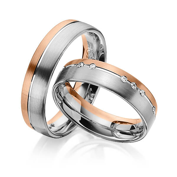 Set Bicolor trouwringen in grijsgoud 14 kt. roodgoud 14 kt. met in totaal 0,14 ct. Briljant tw/si van Steinberg