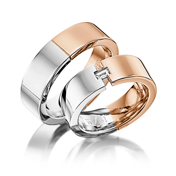 Set Bicolor trouwringen in grijsgoud 14 kt. roodgoud 14 kt. met in totaal 0,15 ct. Baguette-Diamant tw,vs van Eternal Touch