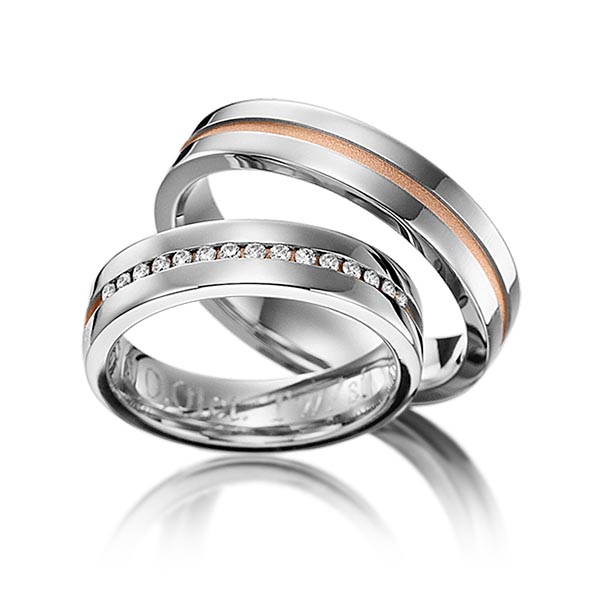 Set Bicolor trouwringen in grijsgoud 14 kt. roodgoud 14 kt. met in totaal 0,15 ct. Briljant tw/si van Steinberg - Q-1253-12