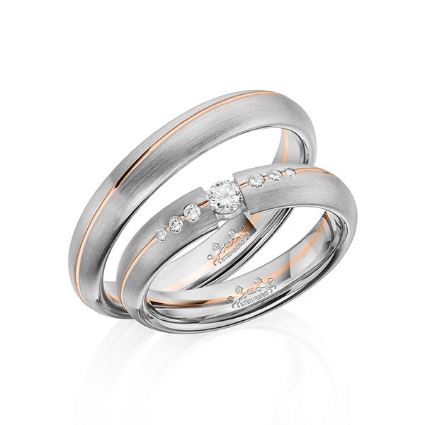 Set Bicolor trouwringen in grijsgoud 14 kt. roodgoud 14 kt. met in totaal 0,16 ct. Briljant tw/si van Steinberg