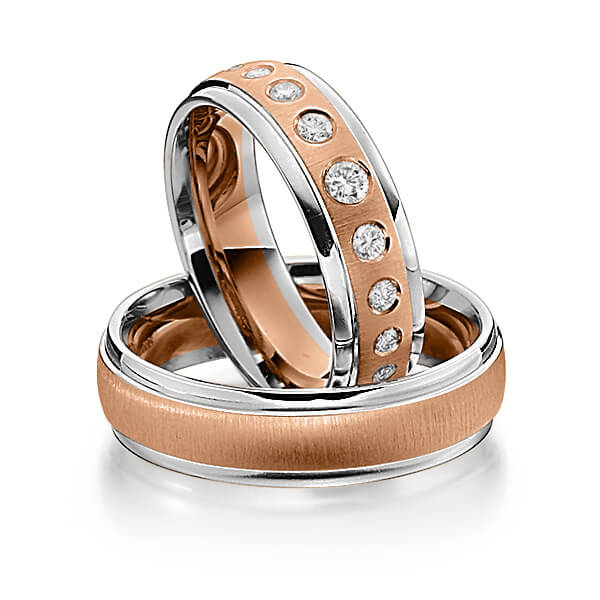 Set Bicolor trouwringen in grijsgoud 14 kt. roodgoud 14 kt. met in totaal 0,19 ct. Briljant tw/si van Steinberg