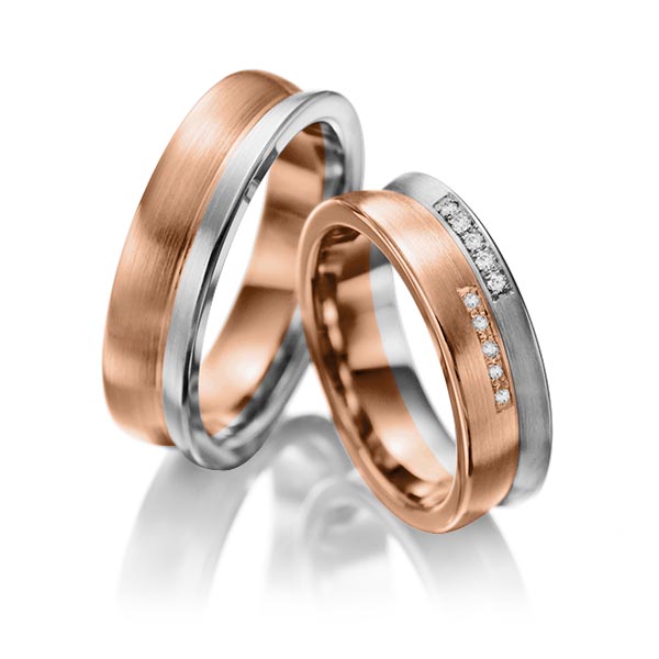 Set Bicolor trouwringen in grijsgoud 14 kt. roodgoud 14 kt. met in totaal 0,1 ct. Briljant tw/si van Eternal Touch