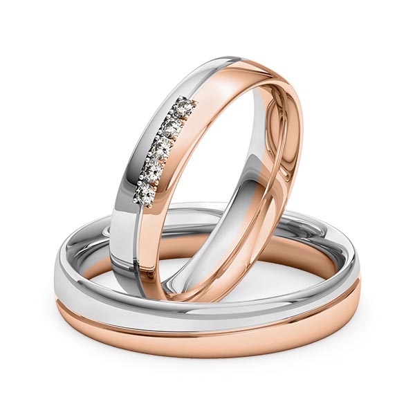 Set Bicolor trouwringen in grijsgoud 14 kt. roodgoud 14 kt. met in totaal 0,1 ct. Briljant tw/si van Merii