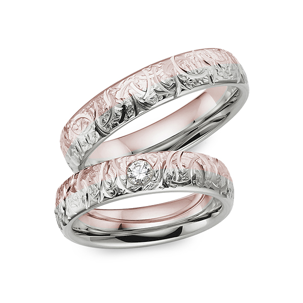Set Bicolor trouwringen in grijsgoud 14 kt. roodgoud 14 kt. met in totaal 0,1 ct. Briljant tw/si van Merii