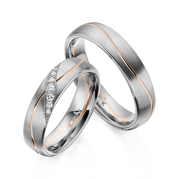 Set Bicolor trouwringen in grijsgoud 14 kt. roodgoud 14 kt. met in totaal 0,1 ct. Briljant tw/si van Steinberg