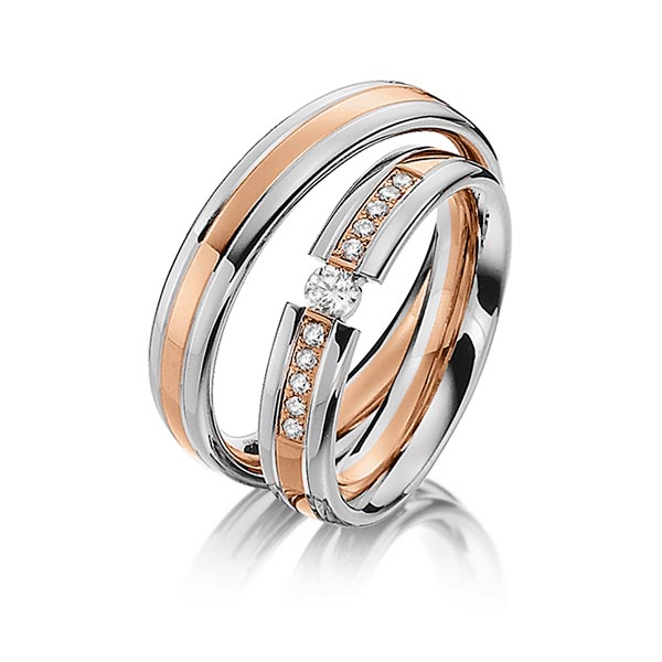 Set Bicolor trouwringen in grijsgoud 14 kt. roodgoud 14 kt. met in totaal 0,2 ct. Briljant tw/si van Steinberg