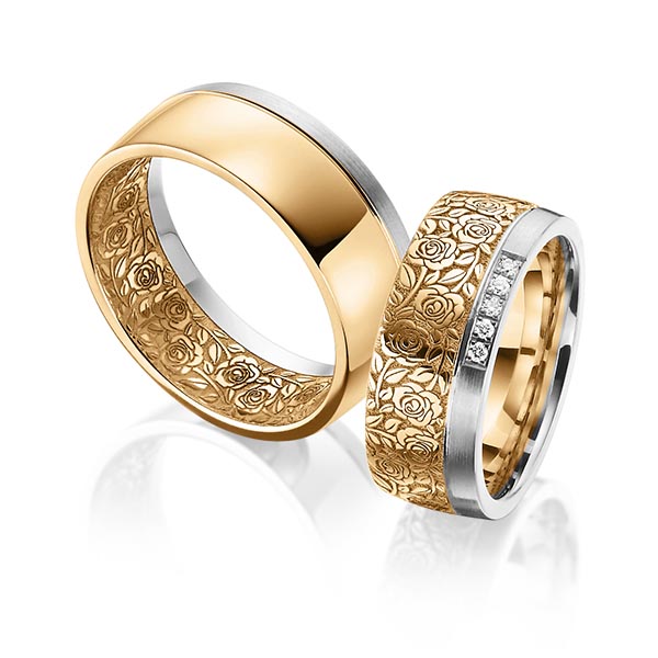 Set Bicolor trouwringen in grijsgoud 14 kt. roségoud 14 kt. Laser Structuur met in totaal 0,05 ct. Briljant tw/si van Eternal Touch