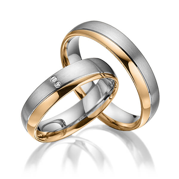 Set Bicolor trouwringen in grijsgoud 14 kt. roségoud 14 kt. met in totaal 0,015 ct. Briljant tw/si van acredo - A-3018-8 Set Bicolor trouwringen in grijsgoud 14 kt. roségoud 14 kt. met in totaal 0,015 ct. Briljant tw/si van acredo - A-3018-8